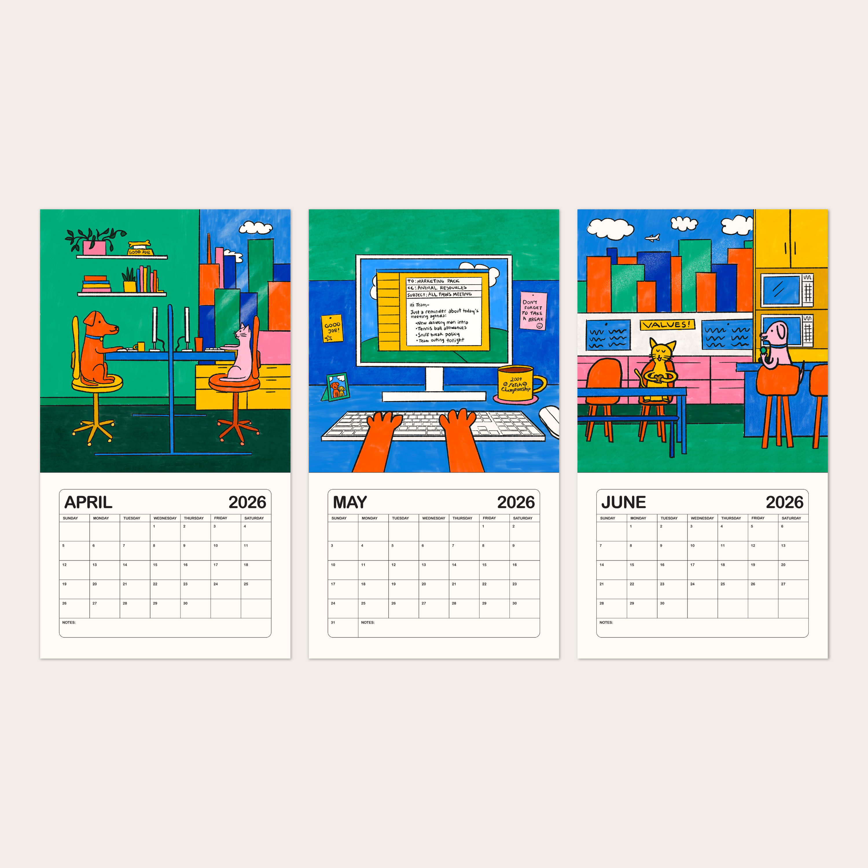 2026 illustrated wall calendar: a day in the life of corporate cats + dogs