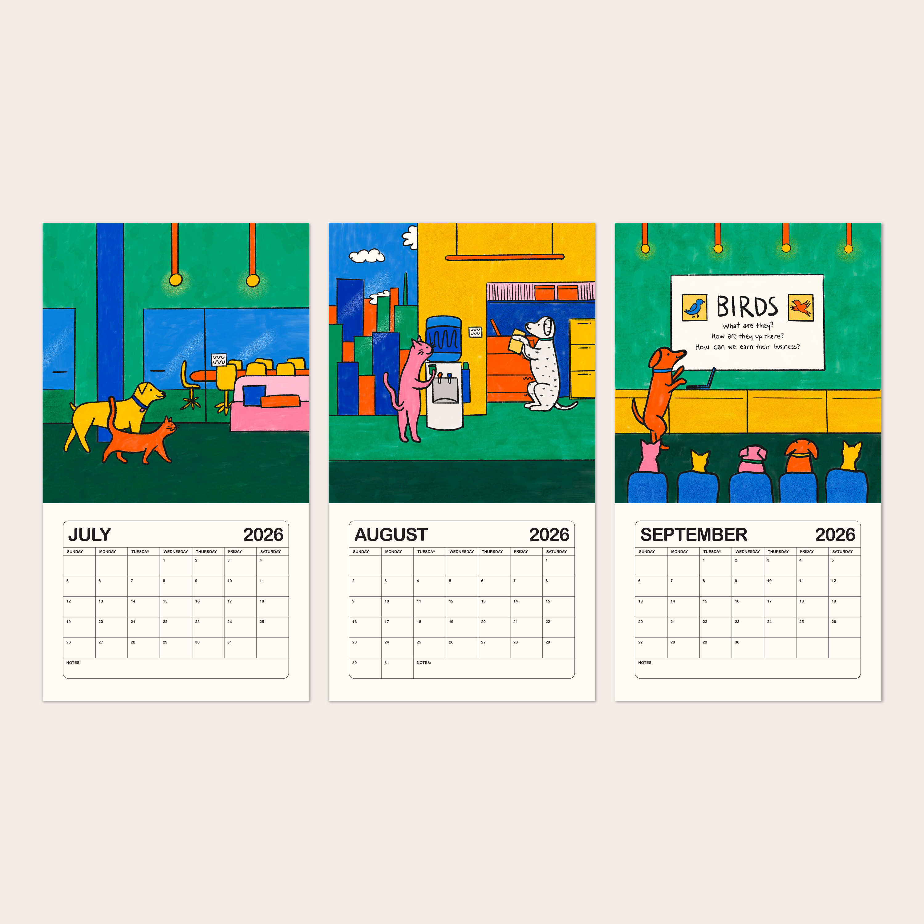 2026 illustrated wall calendar: a day in the life of corporate cats + dogs