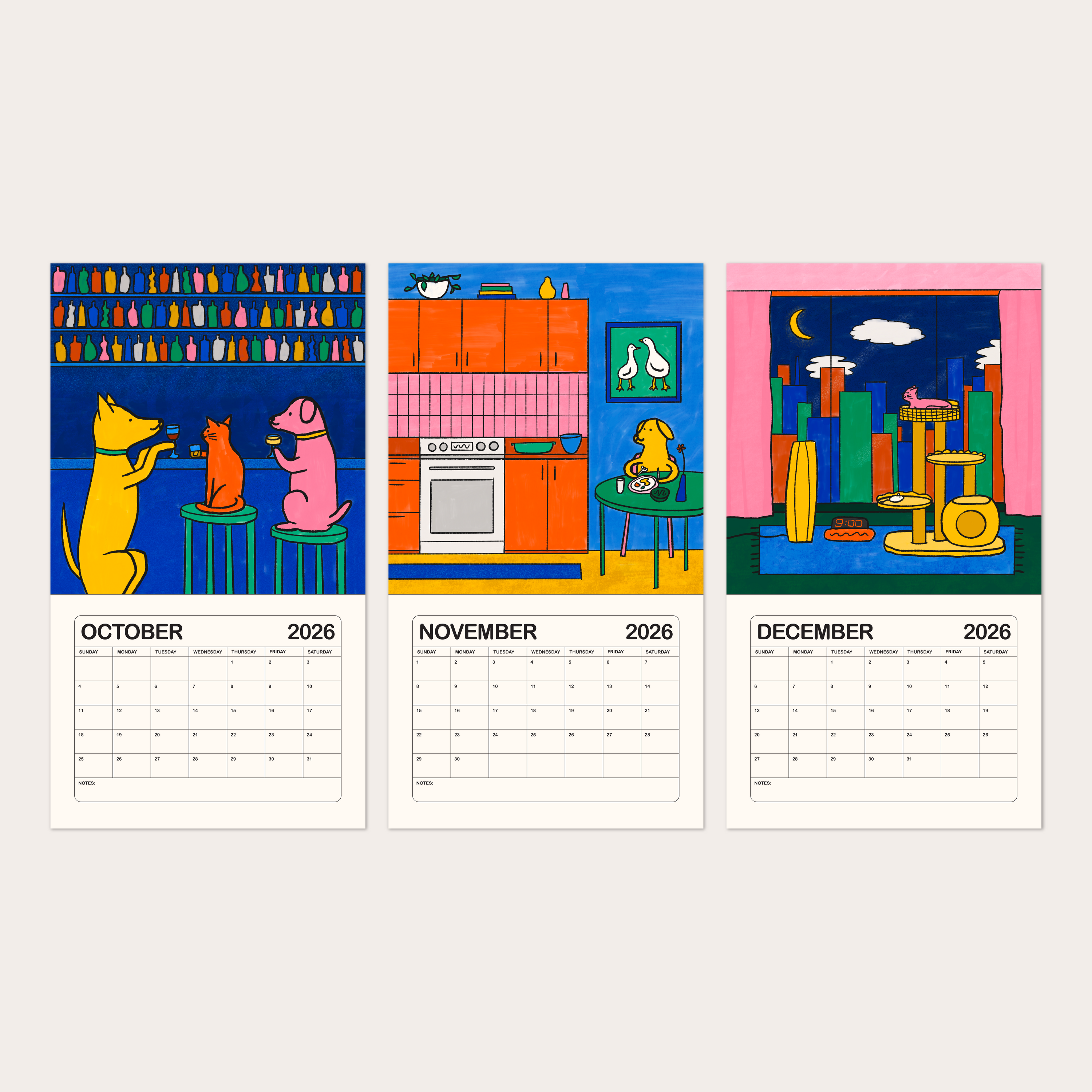 2026 illustrated wall calendar: a day in the life of corporate cats + dogs