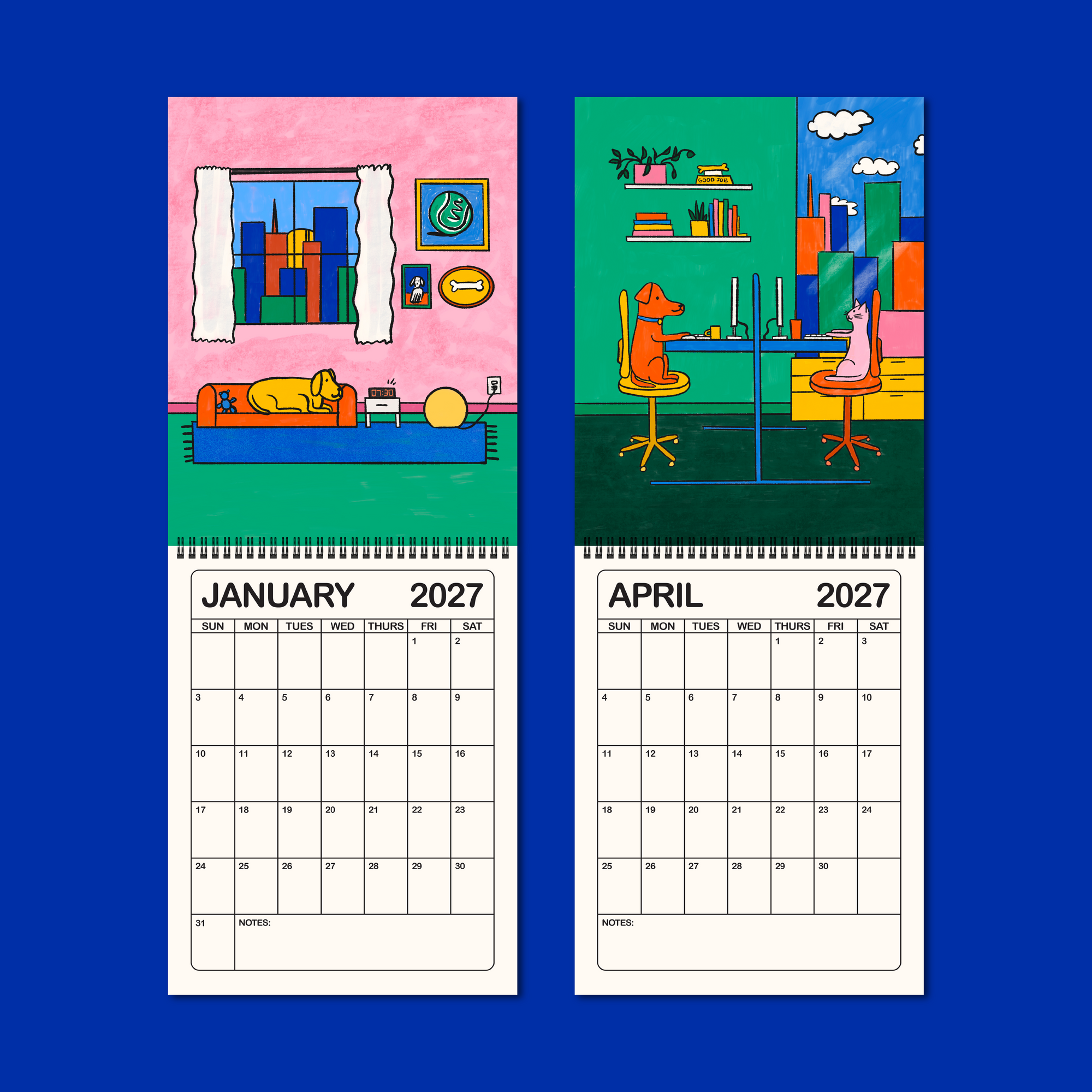 2027 illustrated wall calendar: a day in the life of corporate cats + dogs