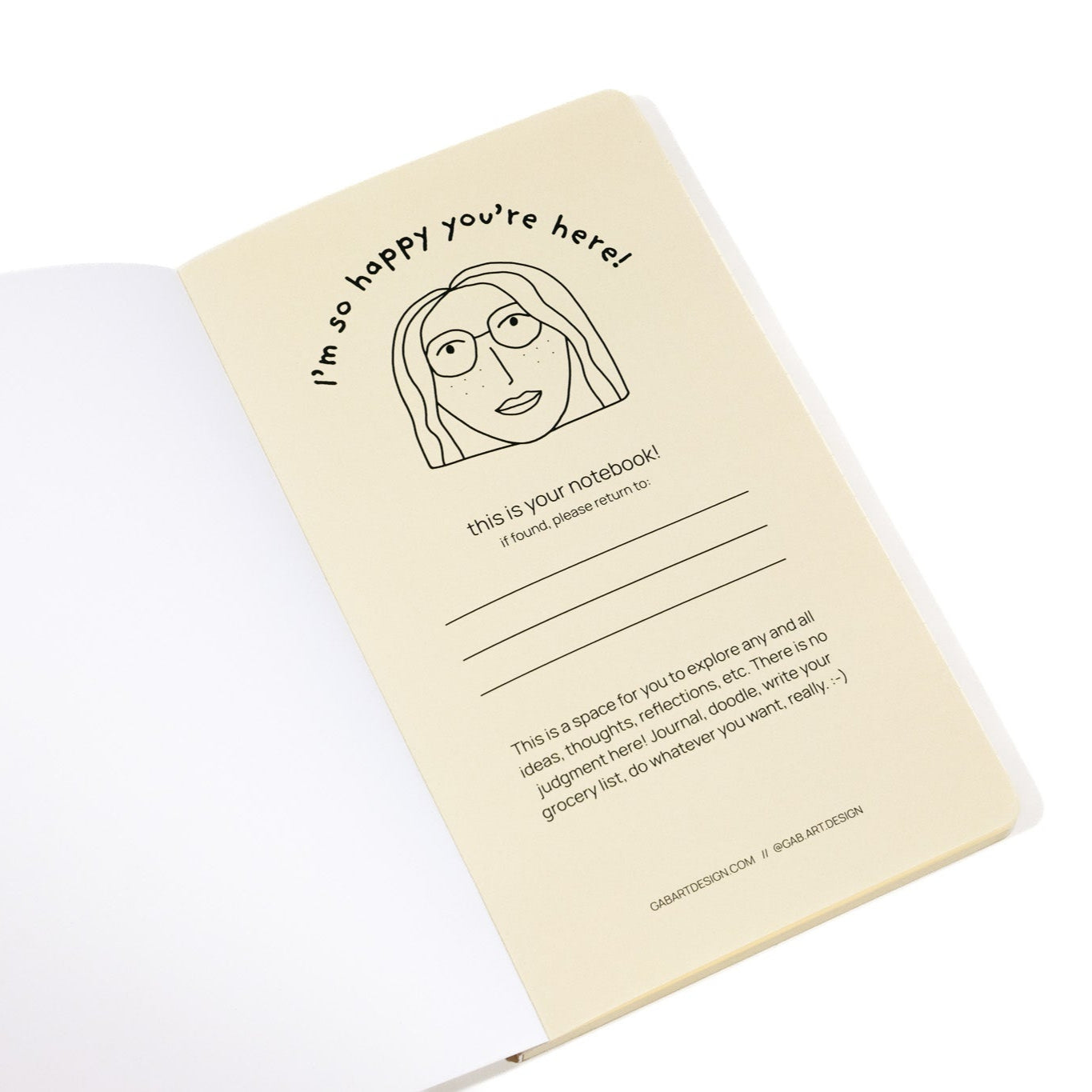 Notebook with a face illustration and text on a white background