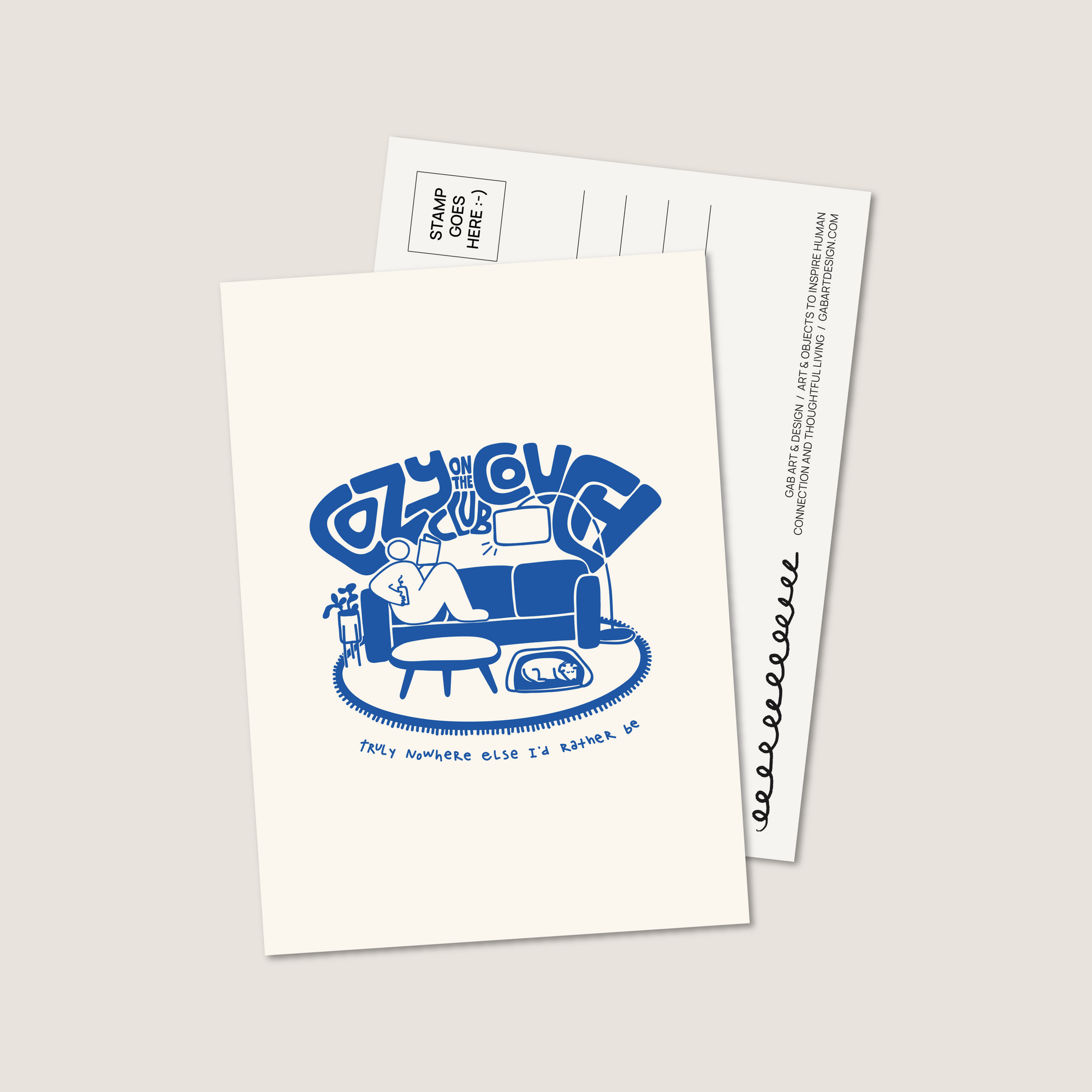 cozy on the couch club postcard print